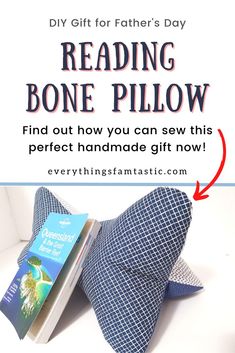 a blue bow tie with the words reading bone pillow on it and an image of a book