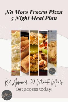 the menu for no more frozen pizzas and night meal plan is shown in this image