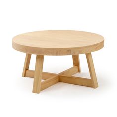 a round wooden table with two legs on the bottom and one leg raised up to the side