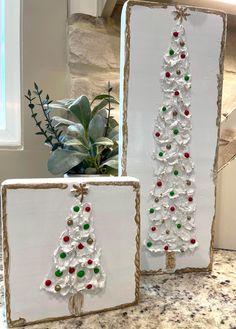 two christmas trees made out of plastic bottles sitting on top of a counter next to a potted plant