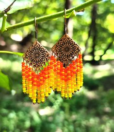 Copper Etching, Hippie Earrings, Earrings Flower, Beads Handmade, Handmade Copper, Czech Beads, Copper Earrings, Pure Copper, Yellow Orange