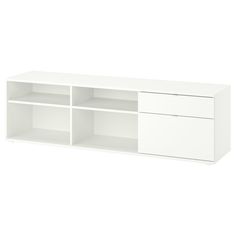 a white entertainment center with two open shelves on one side and three drawers on the other