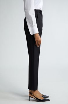 Inspired by the rich imagery of 1960s Sicily, these wool-blend gabardine trousers boast a clean, tailored silhouette and straight legs cropped at the ankle. Zip fly with button closure Front slant pockets; back welt pockets 89% virgin wool, 9% silk, 2% polyester Dry clean Made in Italy Designer Clothing Straight Silhouette Dress Pants With Belt Loops For Office, Formal Dress Pants With Belt Loops, Business Dress Pants With Belt Loops, Business Dress Pants With Belt Loops And Straight Silhouette, Formal Bottoms With Belt Loops And Straight Silhouette, Formal Straight Silhouette Pants With Belt Loops, Formal Bottoms With Straight Silhouette, Tailored Dress Pants With Belt Loops And Straight Silhouette, Straight Silhouette Pants With Belt Loops