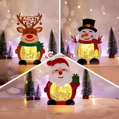 three christmas paper cut outs with santa claus and reindeer