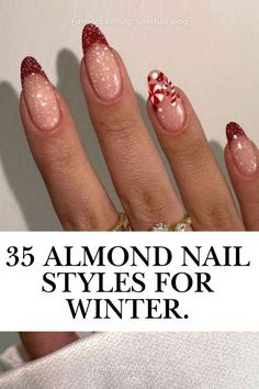 Discover 35 stylish almond nail designs perfect for winter. These elegant shapes and festive patterns, like red glitter and candy cane details, bring a sophisticated touch to your holiday look. Ideal for cozy and chic vibes.