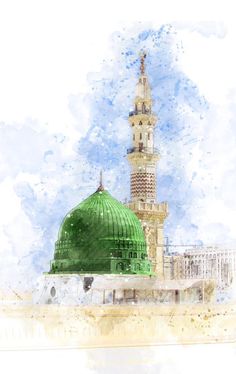 a watercolor painting of a green dome on top of a building with a sky background