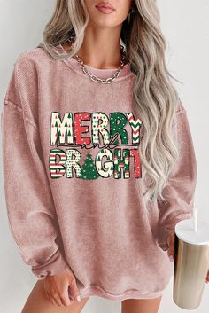 Stay cozy and festive this holiday season with our Pink MERRY and BRIGHT Christmas Tree Print Ribbed Sweatshirt. Made from soft ribbed material, this sweatshirt features a bold Christmas tree print, perfect for spreading holiday cheer. Show off your holiday spirit in style with this trendy and comfortable sweatshirt. Size Chart (CM) Sizes Bust Hem_Width Shoulder Sleeve_Length Length Relax Relax Relax Relax Relax S 106 88 55 57 74.5 M 112 94 58 57.5 76.5 L 118 100 61 58 78.5 XL 126 108 65 58 80.5 Event Dresses Long, Christmas Graphic Print Relaxed Fit Sweatshirt, Chic Sweatshirt, Curvy Shorts, Pink Holiday, Holiday Wardrobe, Pink Sweatshirt, Printed Sweater, Tree Print