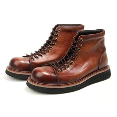 Handmade Luxury Men Autumn Winter Cow Leather Vintage British Tooling Desert Motorcycle Ankle Boots  -  GeraldBlack.com Rustic Leather Lace-up Work Boots, Rugged Oiled Leather Lace-up Boots, Men Vintage Genuine Leather Ankle Boots, Rugged Leather Mid-calf Snip Toe Boots, Leather Boots (men), Boot Types, Brown Ankle Boots, British Style, Black Ankle Boots