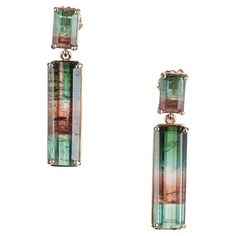 Multi-color well matched pink and green rectangular Tourmalines, in 14k white gold settings that were created in the Peter Suchy Workshop. 2 rectangular watermelon pink and green Tourmaline, approx. total weight 2.49cts, MI, 8.10 x 5mm 2 rectangular pink and green watermelon Tourmaline, approx. total weight 11.78cts, MI, 21.30 x 6.66mm 14k yellow gold Tested and stamped: 14k 6.5 grams Top to bottom: 32.74mm or 1.29 inches Width: 7.27mm or .29 inch Depth: 5.53mm Antique Wedding Bands, Green Watermelon, Diamond Sapphire Engagement Ring, Antique Engagement Rings Vintage, Antique Bracelets, Vintage Sapphire, Tourmaline Earrings, Antique Gold Jewelry, Gold Dangle Earrings