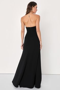 We are obsessed with the idea of dancing the night of the way in glamorous fashion with the Lulus Passionate Admiration Black Strapless Bustier Maxi Dress! Take everyone's breath away with this sensational dress that features a stretchy crepe knit construction that shapes a sultry sweetheart neckline and a strapless, bustier-inspired bodice with supportive boning and hidden no-slip strips. A fitted waist tops a figure-skimming skirt that boasts a mermaid-style silhouette as it falls to a sweepin Strapless Maxi Dress For Gala During Prom Season, Evening Ruched Bodice Tube Top, Evening Ruched Sleeveless Tube Top, Floor-length Evening Dress With Corset Back For Night Out, Evening Sleeveless Tube Top With Ruched Bodice, Strapless Prom Dress For Gala, Strapless Dress For Gala During Party Season, Strapless Gala Dresses With Corset Back, Strapless Evening Dress For Prom With Fitted Bodice