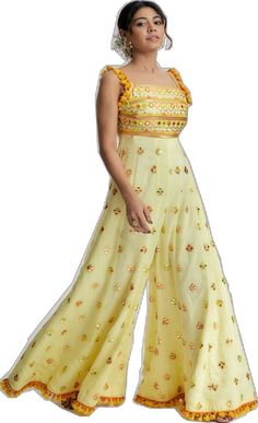 Summer Multicolor Tassel Sets, Sleeveless Party Dress With Gota Work, Bollywood Festive Palazzo Set With Floral Embroidery, Bollywood Style Palazzo Set With Gota Work For Spring, Embellished Georgette Sharara For Summer, Elegant Multicolor Summer Palazzo Set, Spring Festive Sharara With Gota Work, Embroidered Palazzo Set For Festive Occasion, Yellow Floral Embroidered Palazzo Set For Festivals