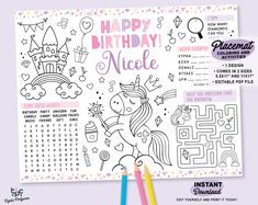 a unicorn themed birthday activity sheet with the words happy birthday nicole in pink and purple