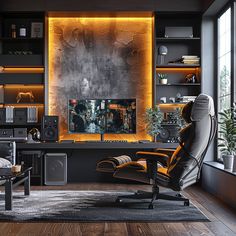 a living room with an office chair and entertainment center