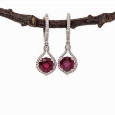 Beautiful Dangle Red Ruby Earrings in 14K Solid Gold w Natural Diamond Halo Accents | Round Shape 8mm | Secure Latch Back | July Birthstone Red Ruby Earrings, Born In July, Designer Silver Jewellery, Jewelry Showcases, Sparkling Diamond, Ruby Earrings, Ruby Gemstone, Red Ruby, Earring Findings