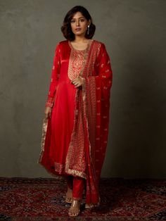 Ri.Ritu Kumar-Red Girija Kurta Set-INDIASPOPUP.COM Slub Silk Anarkali Set With Embroidered Border, Designer Chanderi Palazzo Set With Embroidered Border, Anarkali Sharara With Embroidered Border In Slub Silk, Diwali Slub Silk Kurta With Embroidered Border, Designer Red Cotton Silk Churidar, Bollywood Cotton Silk Palazzo Set With Embroidered Border, Red Semi-stitched Slub Silk Churidar, Traditional Slub Silk Churidar With Embroidered Border, Diwali Slub Silk Anarkali Set With Embroidered Border