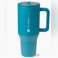 a blue travel mug with the words hydro baby on it's front and side