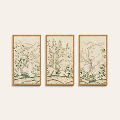 three framed paintings with birds and flowers on them