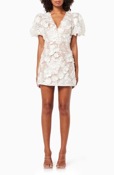 Elliatt Rosalind Floral Embroidered Puff Sleeve Cocktail Minidress | Nordstrom Spring Lace Puff Sleeve Mini Dress, Spring Lace Dress With 3d Embroidery, Embellished Lace Mini Dress, Spring Lace Puff Sleeve Dress With Short Sleeves, Fitted Spring Dress With 3d Embroidery, Spring Mini Dress With Floral Applique, Evening Mini Dress With Floral Applique, Spring Floral Applique Mini Dress, White Floral Applique Mini Dress For Spring