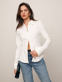 Pretty necessary. Shop the Jodie Shirt from Reformation, a long sleeve shirt with a collared neckline, center front buttons, and a fitted waist. Crop Rotation, Genetically Modified, Friends With Benefits, Basic Tops, Straight Jeans, Fabric Care, Long Sleeve Shirts, Organic Cotton, Cool Outfits