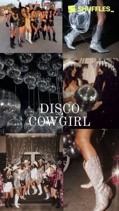 disco cowgirl collage with silver boots and shiny dresses, balloons and people in the background