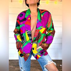 80's Rockstar Blazer Women's Jacket Wild Abstract Umbrella Print Colorful Gorgeous Fabulous Lux Excellent Pristine Condition Vintage Size L Luxury Multicolor Vintage Blazer, Luxury Vintage Multicolor Blazer, Retro Multicolor Blazer For Fall, Retro Multicolor Fall Blazer, Funky Multicolor Fall Outerwear, Colorful Retro Long Sleeve Outerwear, Retro Colorful Spring Outerwear, Colorful Retro Spring Outerwear, Funky Long Sleeve Outerwear For Fall