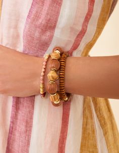 Show off your boho, coastal style with our 8mm Wood Stretch Bracelet featuring natural brown wood and metal beads in 18kt matte gold plating. Women's Wood Stretch Bracelet 8mm Brown by Spartina 449 Boho Bracelets Stack, Gold Bracelets Stacked, Spartina 449, Soft Book, Memorial Keepsakes, Natural Brown, Better Together, Coastal Style, Bead Designs