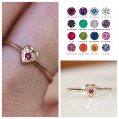 This ring is adorable! It is available in many different stone options. Please specify your gold color upon check out. -Stone is set in a three prong setting and measures 2mm -Round band measures 1.2mm -Handcrafted out of solid 14K yellow, rose or 14K white gold -Inside of the heart has a matte finish while the outer frame has a contrasting high polish shine to make the heart pop. January - Rhodolite Garnet February - Amethyst March - Aquamarine April - White Diamond April - Black Diamond May - Heart-shaped 14k Gold Birthstone Ring, Heart-shaped Birthstone Ring As Gift, Heart-shaped Birthstone Ring For Gift, Heart Cut Birthstone Ring As Gift, Dainty Heart-shaped Gemstone Ring, Heart-shaped Birthstone Ring With Accent Stones, Heart Shaped Birthstone Ring With Accent Stones For Gifts, Heart-shaped Birthstone Ring With Accent Stones For Gift, Dainty Heart Shaped Birthstone Ring