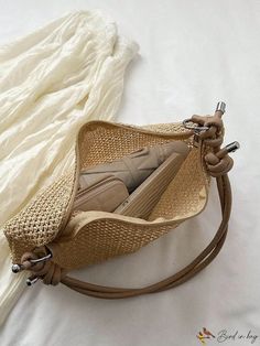 BirdinBag - Summer Travel Beach Bag - Stylish Medium Straw Tote in Solid Color Beige Rectangular Hobo Bag For Travel, Beige Shoulder Bag For Beach Season, Beige Satchel Shoulder Bag For Beach Season, Summer Satchel Shoulder Bag, Large Capacity Shoulder Bag For Beach Season, Brown Shoulder Bag For Beach Season, Large Capacity Satchel Hobo Bag For Beach Season, Large Capacity Handheld Baguette Bag For Travel, Beach Season Hobo Shoulder Bag For Daily Use