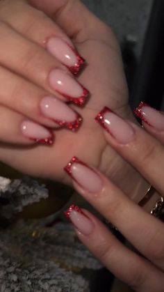 Christmas Nails Coffin Shape Short, Nail Ideas Christmas Red, Cute Nail Inspo Christmas, Nails For Christmas Red, French Red Christmas Nails, Birthday And Christmas Nails, Simple Christmas And New Years Nails, Christmas Nails Square Simple, Red French Tips With Design