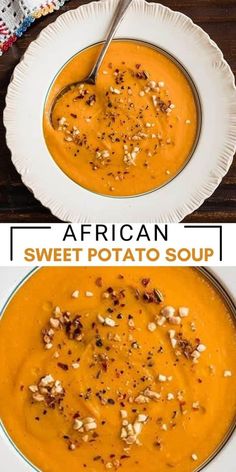 two bowls of sweet potato soup on top of each other with the same toppings