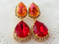 Deep red and Orange pink Swarovski Chandelier earrings, Bridal earrings, Dangle earrings, Orange Red Red Drop Crystal Earrings As Gift, Red Teardrop Chandelier Earrings As Gift, Red Teardrop Chandelier Earrings For Formal Occasions, Red Chandelier Earrings As Gift, Red Drop Earrings For Bridal Gift, Red Dangle Bridal Earrings, Red Dangle Crystal Earrings For Anniversary, Red Drop Bridal Earrings As Gift, Red Chandelier Drop Earrings For Wedding