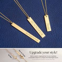 "14K Solid Gold Personalized Vertical Bar Necklace is the gift for the wedding, bridesmaid, mother's gift and gift for her. Material: Solid Gold (real gold, no gold filled or no gold plated material) Karat: 14 K (585) Available gold color: Yellow, rose and white Pendant Sizes: 20mm X 5mm Height of the bar: 2.0 cm (0.79 inches) Width of the bar: 5.0 mm (0.20 inches) 30mm X 5mm Height of the bar: 3.0 cm (1.18 inches) Width of the bar: 5.0 mm (0.20 inches) 40mm X 4mm Height of the bar: 4.0 cm (1.57 inches) Width of the bar: 4.0 mm (0.06 inches) Longitude, coordinates, names, your special date or any word special for you are engraved. Both sides of the pendant is available for engraving. The bar and the chain is solid 14k gold. The material is not gold filled or gold plated. The necklace is ma Customized 14k Gold Necklaces For Wedding, Gold Custom Necklace For Wedding, Customizable Gold Necklace For Wedding, Customizable Gold Wedding Necklace, Customizable Gold Jewelry For Bridesmaid Gift, Rose Gold Name Necklaces For Wedding, Customizable Yellow Gold Necklace For Wedding, Dainty Nameplate Necklace For Wedding, Rose Gold Nameplate Necklace For Wedding