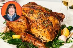 a roasted turkey on a plate with lemons and herbs next to a photo of an older woman