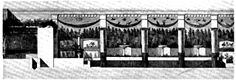 an old drawing of a building with many windows and curtains on the front, along with other buildings in the background