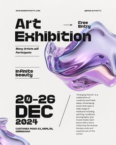 an advertisement for the art exhibition, with purple liquid flowing from it's mouth