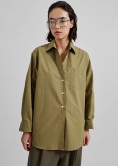 Jody Button Up Shirt - Khaki Denim Suit, The Frankie Shop, Frankie Shop, Paris Woman, Pleated Trousers, Leather Texture, Color Khaki, Swimwear Accessories, Button Up Shirt