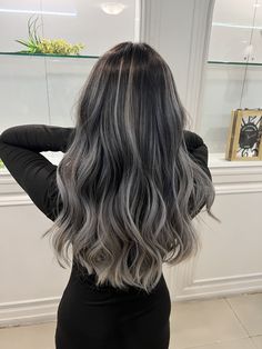 Ash Grey Hair Balayage Dark Brown, Black Ash Blonde Balayage, Ash Grey Balayage On Brown Hair, Silver Brown Balayage, Blonde Highlights On, Balayage Ash Grey Brown, Dark Silver Balayage, Balayage Silver Hair Brunette