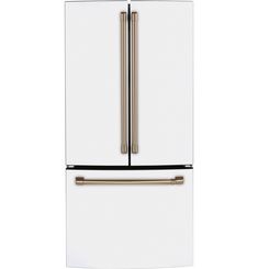 a white refrigerator freezer with two gold handles