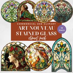 the art nouveau stained glass clipart pack is shown in different colors and sizes, including one