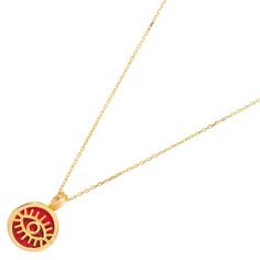 Shield yourself from negative energies with the Minimalist Coral & Gold Round Evil Eye Pendant Talisman Necklace. Featuring a round coral stone, adorned with a gold evil eye talisman, this pendant is designed for spiritual protection. Crafted with 18k gold plating on sterling silver and paired with a luxurious gold vermeil chain, this minimalist necklace is both fashionable and meaningful, perfect for everyday wear. Details 18K gold plated on sterling silver Coral stone Necklace length 18" and 2'' extender Pendant height 0. 5'' Pendant width 0. 5'' Avoid contact with chemicals, makeup, parfume. Do not use dips or abrasive cleaners on necklace. To clean and brighten it up your necklace, wipe them gently with jewelry polishing cloth. Spiritual Good Luck Necklace With Round Shape, Good Luck Spiritual Necklace With Round Shape, Spiritual Round Good Luck Necklaces, Spiritual Good Luck Round Necklace, Red Charms Necklace With Round Pendant, Red Charms Round Pendant Necklace, Red Necklace With Charms And Round Pendant, Red Necklace With Round Pendant And Charms, Spiritual Red Round Pendant Jewelry