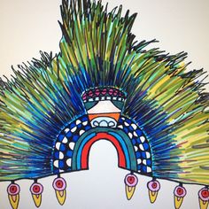 a drawing of a colorful bird with spikes on it's head