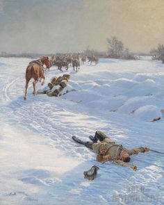 a painting of a man laying in the snow next to a horse and some birds