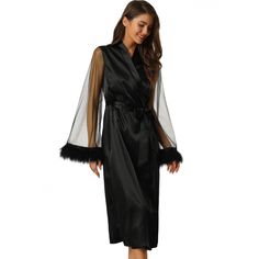 Mesh sheer sleeve, stylish fashion robe for everyday. Suitable for Bridal Party, wedding eve, night, bath, shower, loungwear, sleeping, also a great gift for holiday, birthday, anniversary. Unique robe with faux feather trim, mesh long sleeves, semi sheer, make it more stylish for night wear. These women's sleepwears set use soft breathable pure satin, give you a unique sleepwear exprience. Design: solid color sheer mesh long sleeve robe, the robe is casual but comfy. You have many choice to mat Chic Long Sleeve Sleepwear For Parties, Elegant Fitted Long Sleeve Sleepwear, Elegant Sheer Robe For Party, Sheer Fitted Party Robe, Sheer Long Sleeve Robe For Wedding Night, Sheer Long Sleeve Wedding Robe, Elegant Long Sleeve Evening Sleepwear, Spring Party Sleepwear With Long Sleeves, Elegant Black Long Sleeve Sleepwear