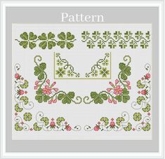 a cross stitch pattern with four leaf clovers and flowers on the border, as well as