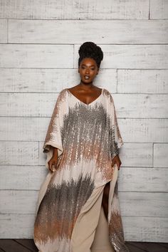 JIBRI Metallic Sequin Maxi Kaftan Maxi Length Deep V Neckline Flutter Side Panels Relaxed Fit Fabrication: Sequin Fully Lined Sizing: One Size fits most Handmade in Atlanta, GA Style Notes: Long Sequin Kaftan is boldly embellished yet lightweight, making it perfect to glam up your days at home now and dazzle the world Kimonos, Sequin Kaftan, Gold Sequin Jumpsuit, Real Outfits, Ethiopian Traditional Dress, The Maxx, Maxi Kaftan, Plus Size Bodies, Sequin Jumpsuit