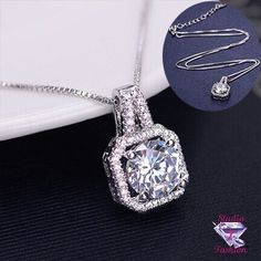 This luxurious necklace measures 18" with a 2" extender and lobster clasp. It is a very delicate necklace, perfect for any occasion. Platinum Chain, Square Necklace, Statement Choker Necklace, Halo Pendant, Silver Plated Necklace, Rhinestone Jewelry, Chains Jewelry, Diamond Pendant, Gift Necklace