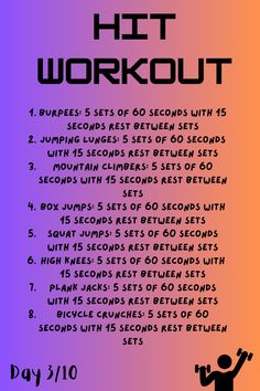 a poster with the instructions for how to do a hit workout in 5 minutes or less