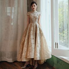 High Low Prom Dress, Short Sleeve Lace Dress, Gold Evening Dresses, Prom Dresses Elegant, High Low Prom Dresses, Dresses Elegant, Tea Length Dresses, Dress Silhouette, Tulle Lace