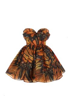 The Monarchy Party Blue Moon Dress, Pre Order Orange Ruffled Mini Dress For Cocktail, Orange Dress For Costume Party, Fitted Multicolor Butterfly Print Dress, Puff Skirt, Robes Glamour, Moon Dress, Monarch Butterflies, Puff Dress, Knitted Coat