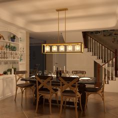 a dining room table with chairs and a chandelier hanging from it's ceiling